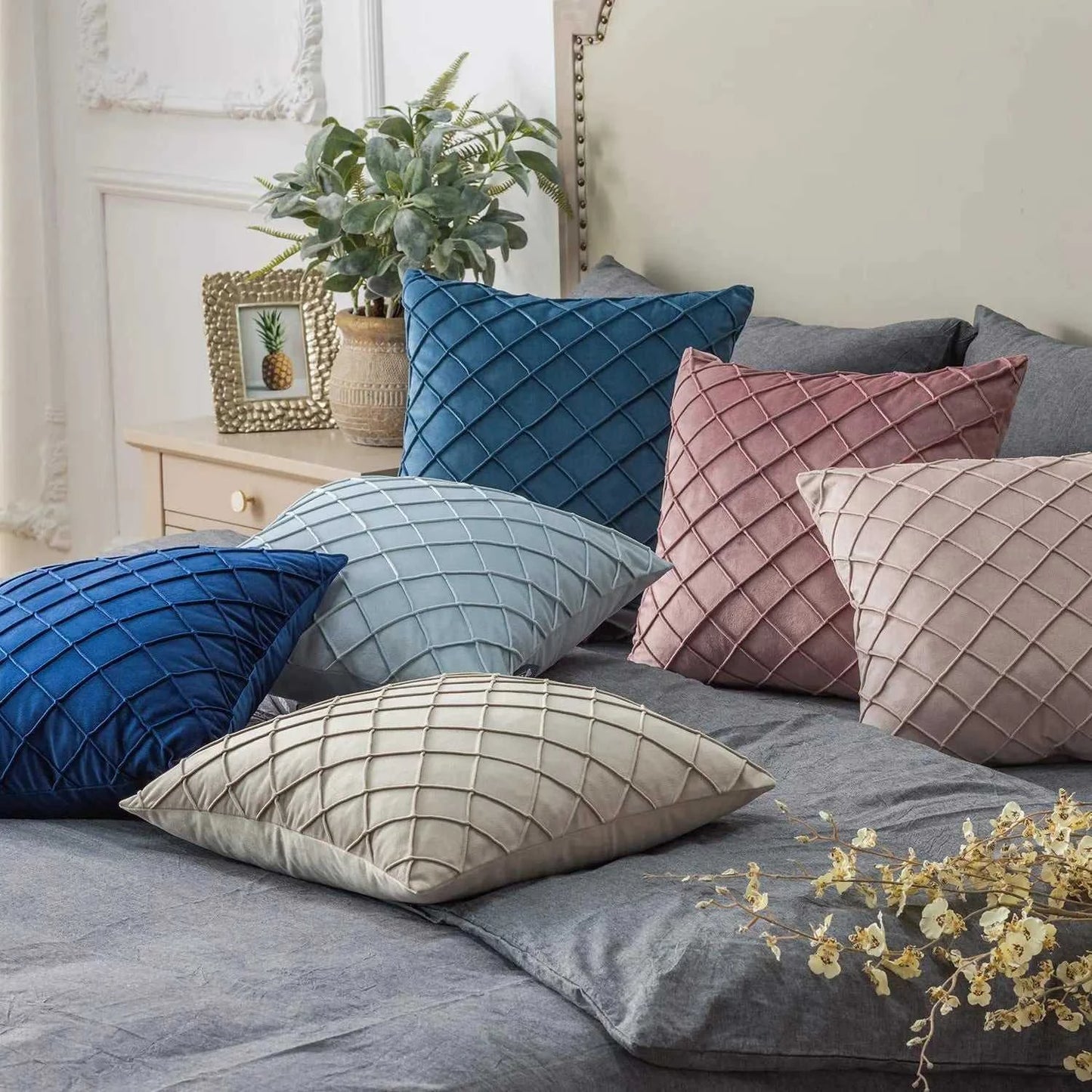 Souk Velvet Diamond Check Throw Pillow Cover - Soft Solid Color Cushion 14:200002984#PURPLE;5:202949817#30X50cm Cushion Covers