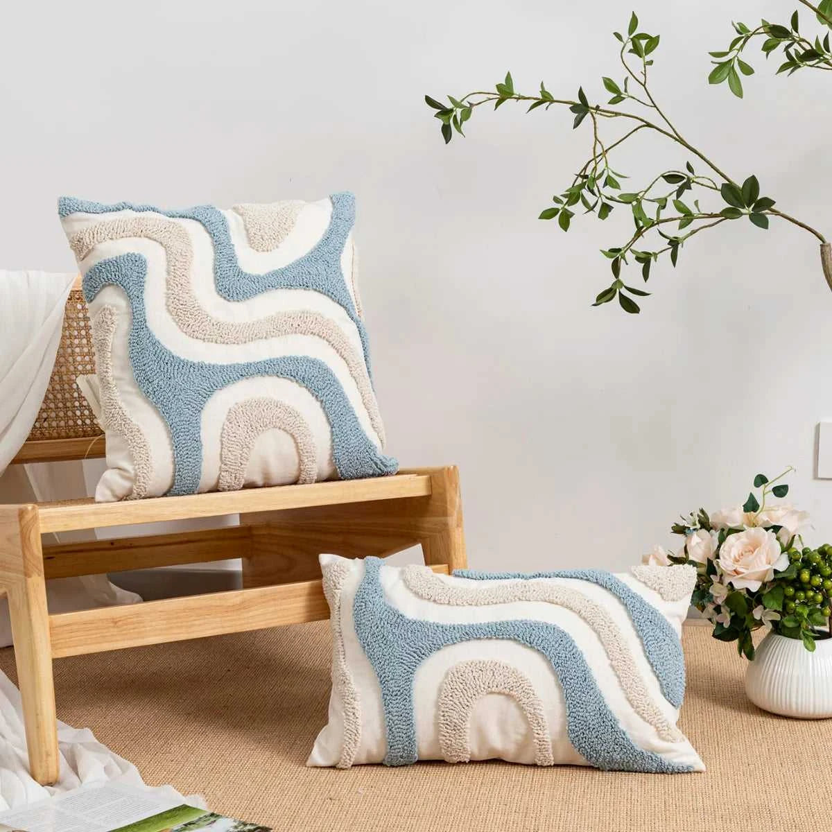 Tamara Boho Blue White Geometric Loop Pillow Cover - Decorative Cushion 14:173;5:202949817 Cushion Covers