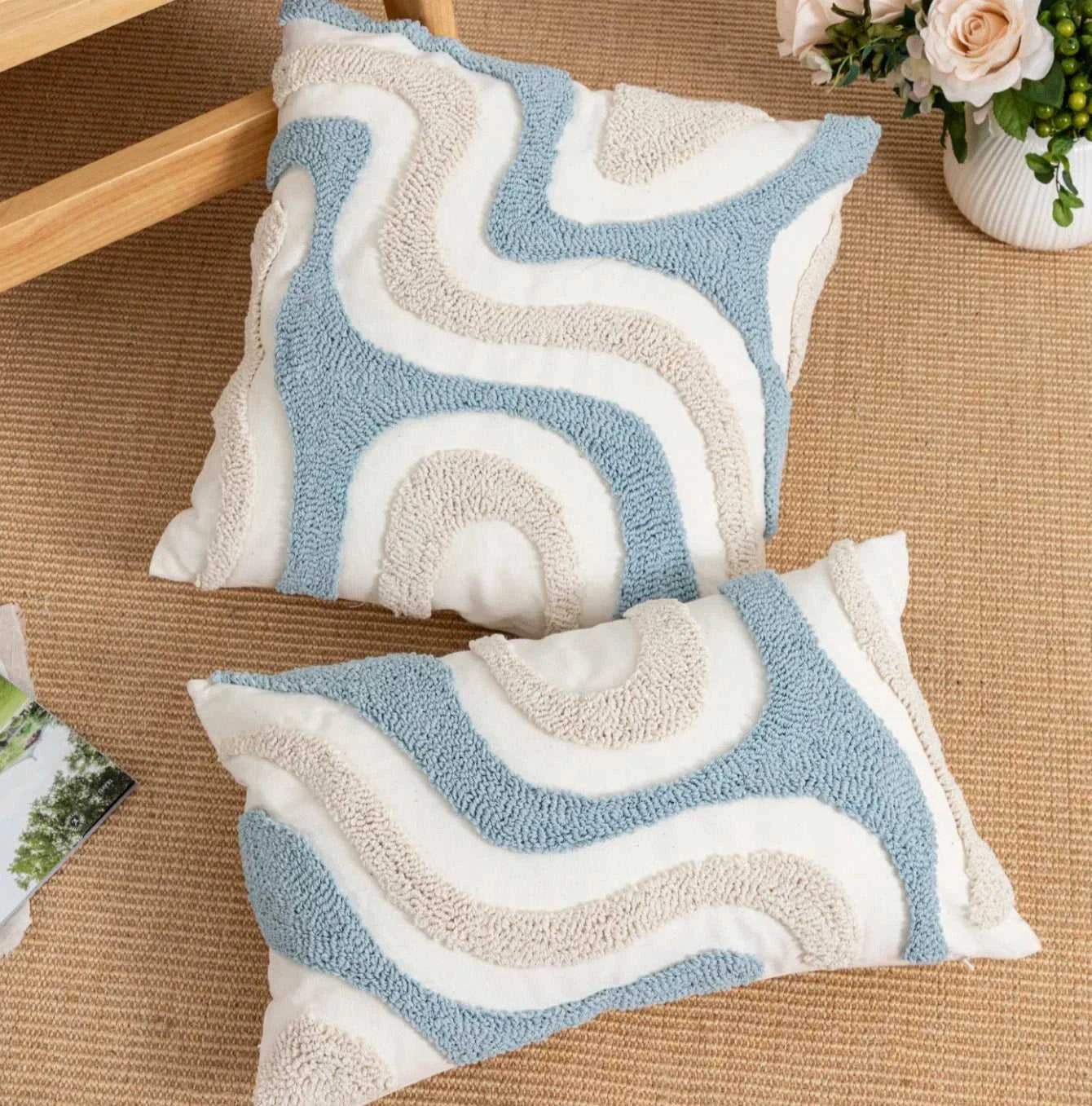 Tamara Boho Blue White Geometric Loop Pillow Cover - Decorative Cushion 14:173;5:202949817 Cushion Covers