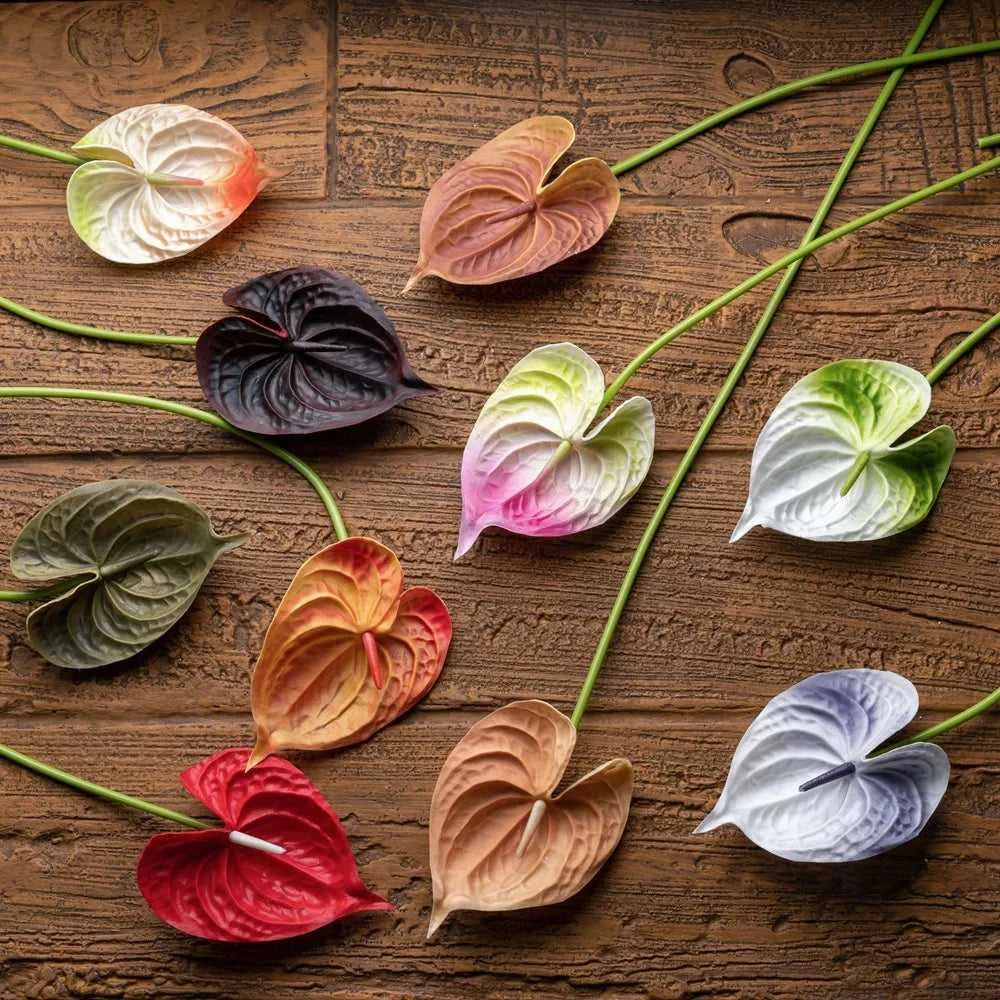 10Pc/lot PU Artificial Flowers Anthurium Bridal Bouquet Wedding Decoration Fake Palm Flowers Home Party Table Floral Arrangement 14:365458#Brown Artificial Flowers