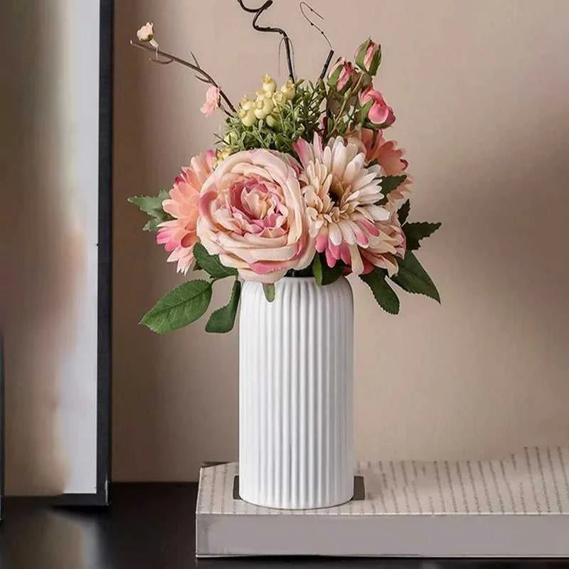 Vike Striped Ceramic-Look Plastic Vase - Durable Decorative Flower Display 14:29#White vase