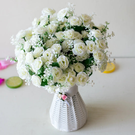 Realistic mini rose bouquet with 15 heads - white roses arrangement as centerpiece